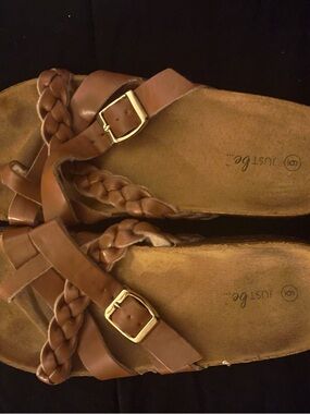 just be Cognac Braided Buckle Slide Sandals